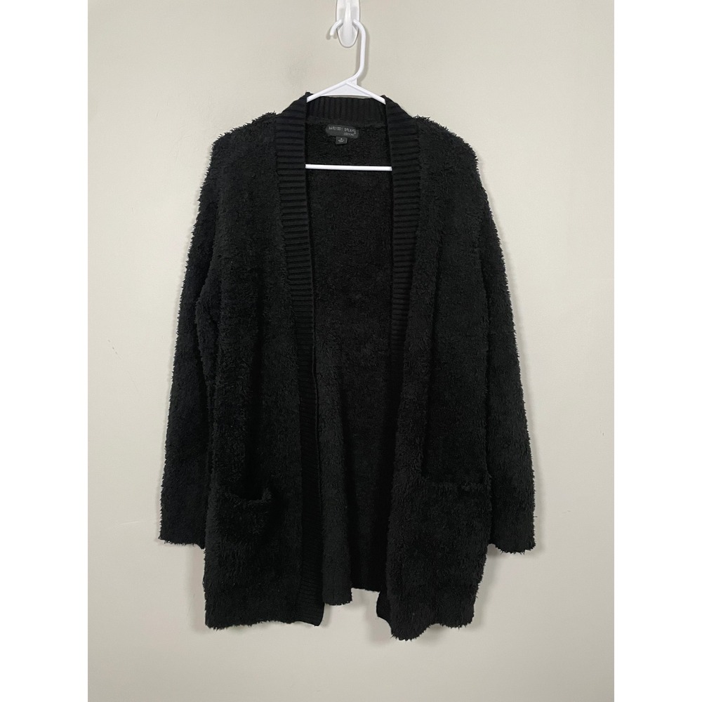 Barefoot Dreams CozyChic Ribbed Knit Trim Cardigan in Black Size Medium